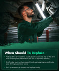 Driveshaft coupler under vehicle: side view of mechanic in green coveralls using bright LED work light