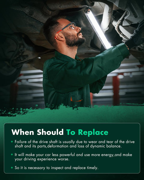 Mechanic inspecting driveshaft under vehicle lift for Ford Transit Driveshaft Coupler Flex Joint Replacement