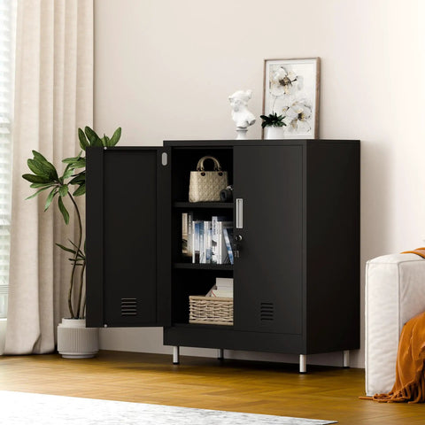 Lockable Metal Storage Cabinet With Locking Doors And Adjustable Shelves Durable Black Steel Closet For Home Office Garage Pantry Living Room 4 Keys Included And Door Stops For Quiet And Quick Access