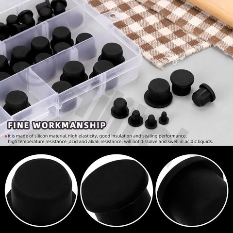 Rock Solid 100Pcs Silicone Hole Plugs Assortment Kit With 7 Sizes For Powder Coating And Plating Jobs High Temp Waterproof Stopper T-Shaped Seals In Black To Keep Your Holes Gapping Safe, assorted black silicone plugs in storage box