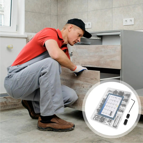 Man using Homoyoyo Steel Set Screw Assortment Kit With Wrenches Includes 22 Sizes M2 To M8 for DIY cabinet installation.