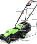 Power Through Your Yard With This 12.5 Amp 1200W Corded 13 Inch Push Lawn Mower That Cuts Clean, Tames Thick Grass, And Starts Easy, A Lightweight Green Machine Built For Quick, No Fuss Yard Maintenance. 13-inch electric push mower with 30L bag, shown with dimensions