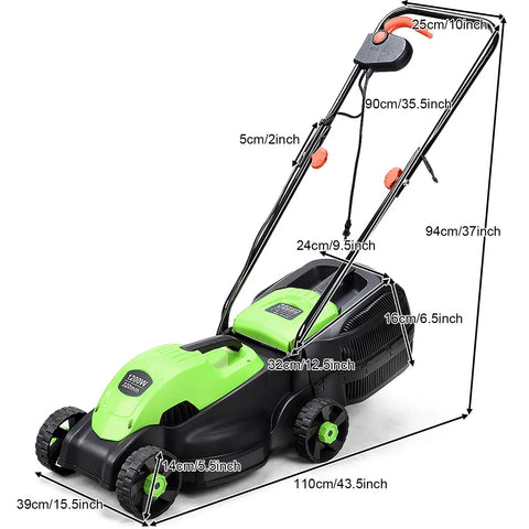 Power Through Your Yard With This 12.5 Amp 1200W Corded 13 Inch Push Lawn Mower That Cuts Clean, Tames Thick Grass, And Starts Easy, A Lightweight Green Machine Built For Quick, No Fuss Yard Maintenance. 13-inch electric push mower with 30L bag, shown with dimensions