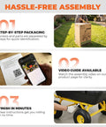 Hassle-free assembly guide for Beefy Garden Dump Cart With 1400LB Capacity, showcasing steps, video, and easy assembly.
