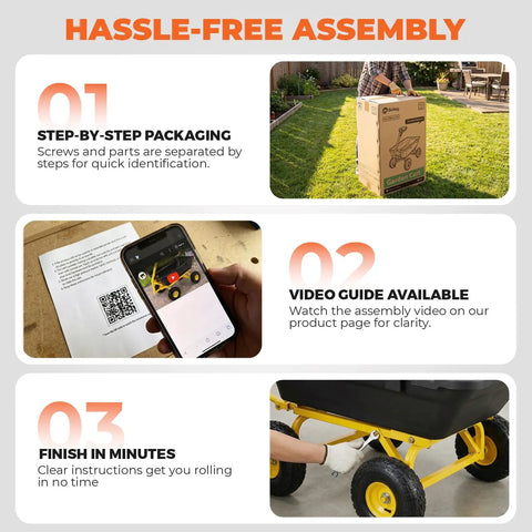 Hassle-free assembly guide for Beefy Garden Dump Cart With 1400LB Capacity, showcasing steps, video, and easy assembly.