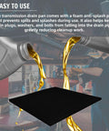 Universal Transmission Drain Pan Kit With No Spill Splash Pads in use with oil pouring over splash pad in garage.