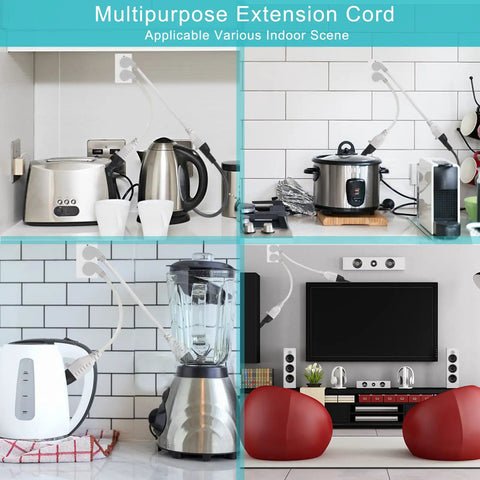 Right Angle Flat Plug Extension Cord 1 Foot 3 Prong White used with kitchen appliances and home entertainment system.