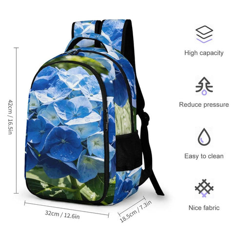 Spacious Unisex Backpack With Blue Hydrangea Print For Summer Garden Vibe, durable polyester daypack with large capacity