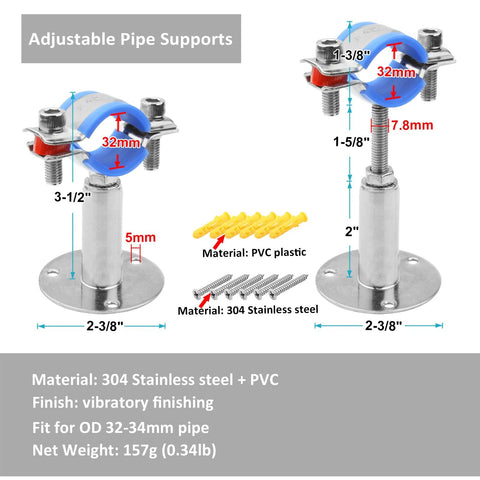 Front view of 4-piece 304 stainless steel wall and ceiling pipe clamps for 1-inch pipe with PVC spacers and screws