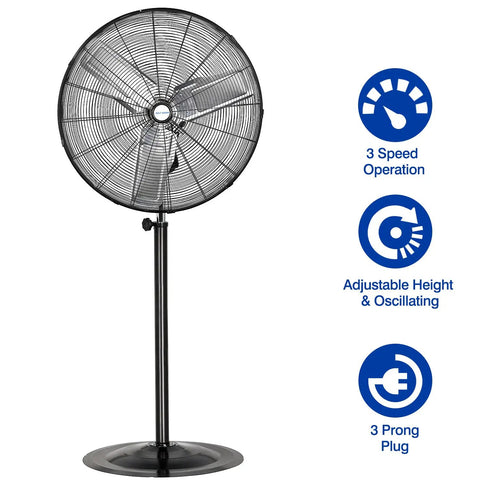 Beefy 30 Inch High Velocity Pedestal Fan for Garage or Shop, 3 Speed Industrial Standing Fan Delivers Up To 8900 CFM With Adjustable Height