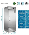 Rock Solid 27 Inch Commercial Reach In Freezer Delivers 23 Cubic Feet Of Smooth Stainless Steel Cooling With Smart Fan Chiller Plus No Sweat Digital Temp Control And Heavy Duty Roll Casters For Restaurant Setup, shown with dimensions.