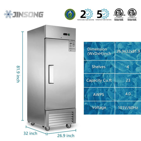Rock Solid 27 Inch Commercial Reach In Freezer Delivers 23 Cubic Feet Of Smooth Stainless Steel Cooling With Smart Fan Chiller Plus No Sweat Digital Temp Control And Heavy Duty Roll Casters For Restaurant Setup, shown with dimensions.