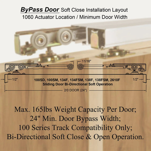 Diagrams for Two Pack Pocket Door Soft Close Top Hanger Assemblies Bi Directional Operation, 100 Series Track Compatibility
