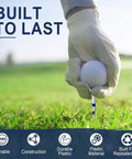 Gloved hand placing ball on Durable Plastic Golf Tees 30 Pack Three And A Quarter Inch With Low Friction Four Prong Head