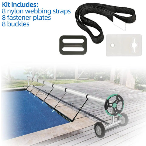No Sweat Universal Pool Solar Cover Reel Attachment Kit Slick Heavy Duty Strap Hardware For In Ground Pools Plug And Play Quick Install Gear with 8 nylon webbing straps and accessories.