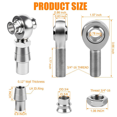 Beefed Up 3/4 Inch Chromoly Heim Joint Rod End Kit with detailed size measurements and features for offroad builds.