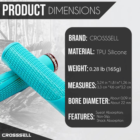 Lock-On MTB Grips For Mountain Bike BMX And E-Bike, Non-Slip Shock Absorbing 22.2mm Handlebar Grips In Sky Blue with product dimensions and features.