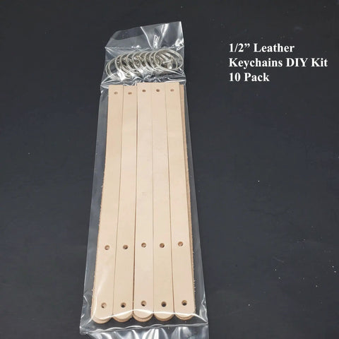 Ten Pack Of One Half Inch Natural Vegetable Tanned Leather Keychain Blanks Ready For Custom Stamping And Tooling in clear bag.