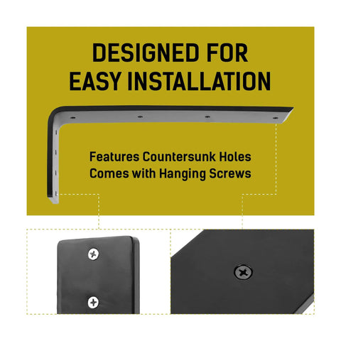 Heavy Duty 16 Inch L Bracket Shelf Support for Floating Shelves Countertops Wall Mounts shown with mounting holes and screws