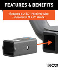 Side view of CURT 45405 receiver adapter sleeve, 2-1/2 to 2 in opening, gray steel.