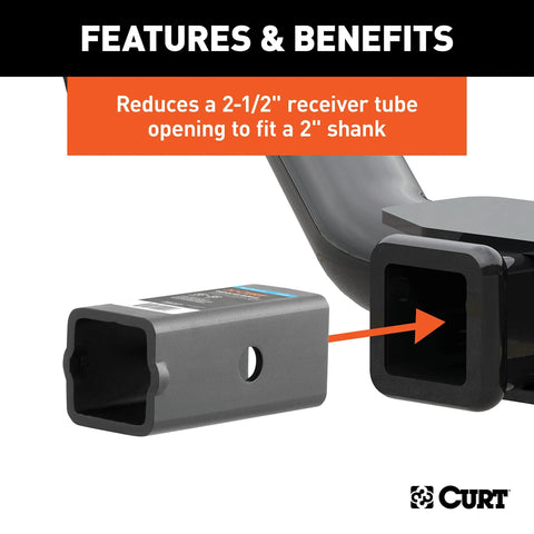 Side view of CURT 45405 receiver adapter sleeve, 2-1/2 to 2 in opening, gray steel.