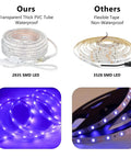 Comparison of 50Ft Black Light Rope Lights Kit 110V Waterproof LED strip and non-waterproof tape with glowing LEDs