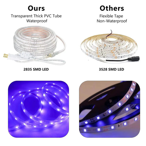 Comparison of 50Ft Black Light Rope Lights Kit 110V Waterproof LED strip and non-waterproof tape with glowing LEDs