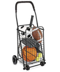 Folding Shopping Cart With Wheels For Grocery And Laundry, Lightweight Yet Durable Trolley Holds Up To 90 Lbs, filled with sports gear