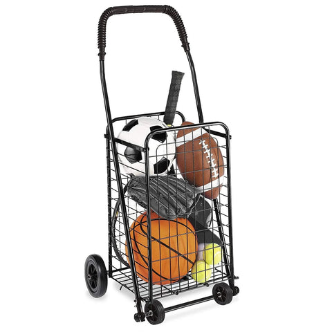 Folding Shopping Cart With Wheels For Grocery And Laundry, Lightweight Yet Durable Trolley Holds Up To 90 Lbs, filled with sports gear