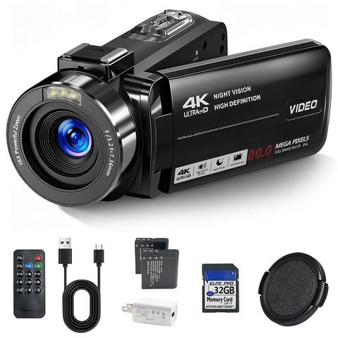 4K Camcorder For YouTube Vlogging With 80MP Image Capture, Infrared Night Vision, 18X Digital Zoom with accessories
