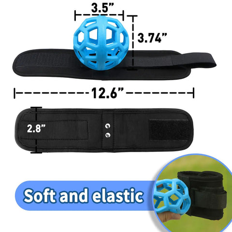 Smart Ball Golf Training Aid For Swing Practice And Posture Stop Chicken Wings Build Muscle Memory Easy Beginner Friendly Swing Trainer Ball With Wrist Strap For Precise Consistent Hits, blue ball with black wrist strap, dimensions labeled.