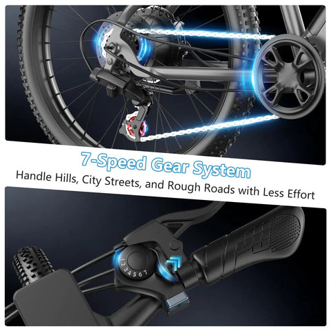 Close-up of the 7-speed gear system and handle of the Awesome 1500W Peak Ebike For Adults With Removable 48V 12Ah Battery And 26 Inch Wheels