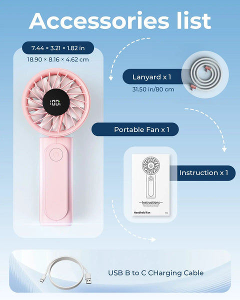 Handheld Portable Fan With 4000mAh USB Rechargeable Battery 180 Degree Foldable Mini Desk Fan 6 Speed Levels LCD Digital Display
