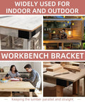 Heavy Duty 3 Way Corner Brackets Set For DIY Workbench And Work Table Fits 4x4 And 2x4 Lumber Right Angle Corner Brackets With Pre Drilled Holes Easy Install Black Great For Garage Shop And Home Projects shown in various indoor and outdoor setups.