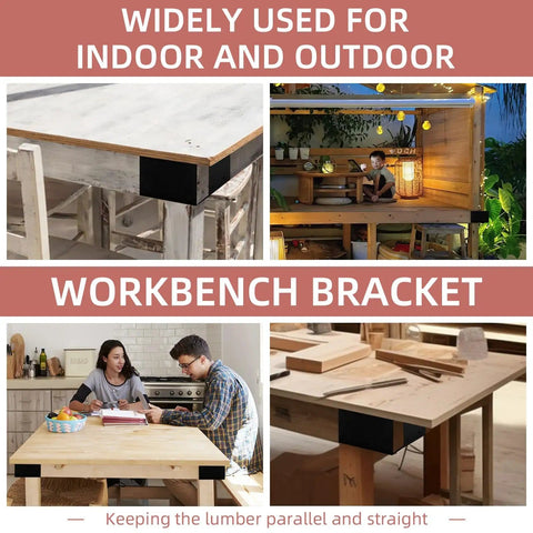 Heavy Duty 3 Way Corner Brackets Set For DIY Workbench And Work Table Fits 4x4 And 2x4 Lumber Right Angle Corner Brackets With Pre Drilled Holes Easy Install Black Great For Garage Shop And Home Projects shown in various indoor and outdoor setups.