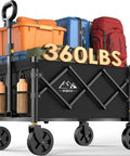 Collapsible Wagon Cart With All Terrain Wheels loaded with luggage, showcasing 360 Lbs capacity, black 600D Oxford cloth