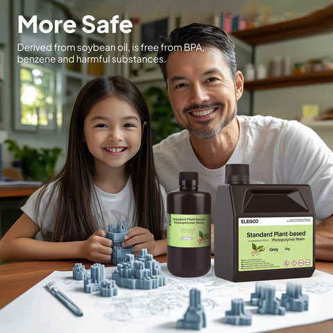 Plant Based 3D Printer Resin With Ultra Low Odor And High Precision 405nm UV Curing For MSLA DLP LCD Printers White 2000g Soybean Based Non BPA Ultra Safe Toughness And Fine Detail For Pro Level Prints bottle and jug on desk