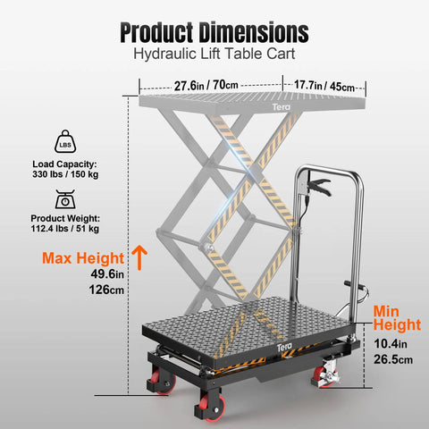 Product dimensions of Top Shelf Hydraulic Lift Table Cart Rated For 330 Pound Loads with max and min heights displayed.