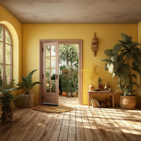 Sunny room with open wooden door leading to a green garden, surrounded by plants on a wooden floor, yellow walls, and natural light.