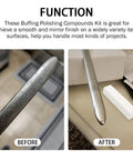 Three Pack All In One Buffing Polishing Compounds Kit With Green Fine White Medium Red Coarse 12 Oz Each For Metal Polishing And Mirror Finish On Stainless Steel Iron Aluminum And More, before and after metal rod polishing demonstration.
