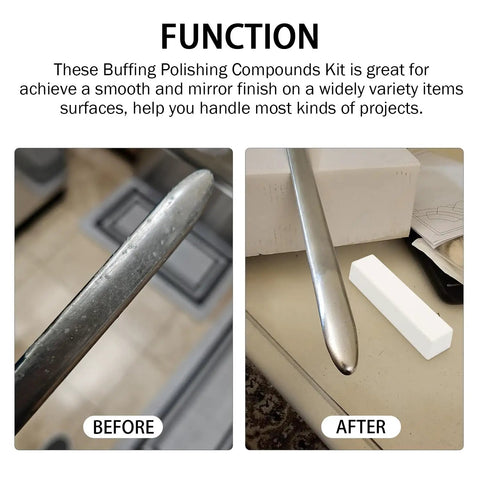Three Pack All In One Buffing Polishing Compounds Kit With Green Fine White Medium Red Coarse 12 Oz Each For Metal Polishing And Mirror Finish On Stainless Steel Iron Aluminum And More, before and after metal rod polishing demonstration.