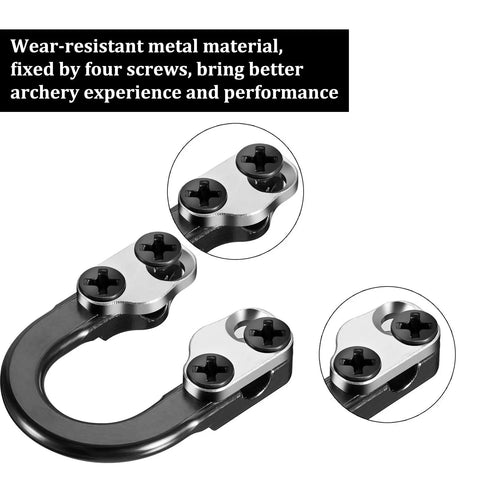 Close-up of metal U Nock D Ring in Two Sets Archery D Loop Kit for Compound Bows with four screws for enhanced stability.