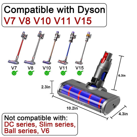 Soft Roller Vacuum Head For Cordless Dyson V7 V8 V10 V11 V15 Hardwood Floor Attachment with product dimensions.