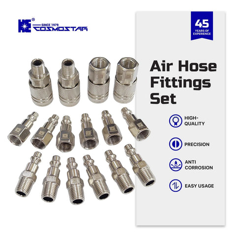 Cosmostar 16-piece metal air hose fittings set with 1/4-inch NPT quick-connect couplers for air compressors