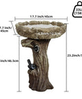 23 Inch Tall Pedestal Bird Bath With Woodland Tree Trunk Decor, Fiber Reinforced Concrete Outdoor Bird Bath For Garden Patio Lawn Backyard, Weatherproof And Built To Last, Modern Design With Safe Non Slip Surface shown in dimensions and weight.