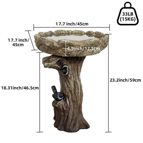 23 Inch Tall Pedestal Bird Bath With Woodland Tree Trunk Decor, Fiber Reinforced Concrete Outdoor Bird Bath For Garden Patio Lawn Backyard, Weatherproof And Built To Last, Modern Design With Safe Non Slip Surface shown in dimensions and weight.