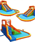 Giant Backyard Water Park With Tall Dual Slides, Climbing Walls, Splash Pool, Tunnel, Water Cannon And Sprayer, Two Basketball Hoops, Dump Bucket, Epic Summer Fun For Big Kids And Kid's Parties, showing multiple views.