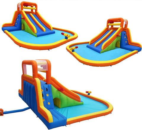 Giant Backyard Water Park With Tall Dual Slides, Climbing Walls, Splash Pool, Tunnel, Water Cannon And Sprayer, Two Basketball Hoops, Dump Bucket, Epic Summer Fun For Big Kids And Kid's Parties, showing multiple views.
