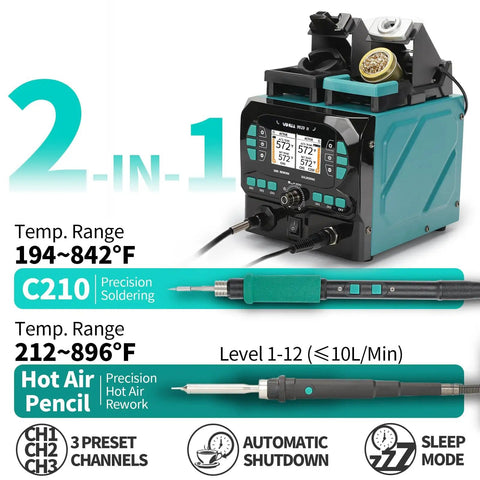 992D-II 2-In-1 Precision Soldering Kit With Hot Air Pencil And C210 Soldering Iron, temperature and features displayed.