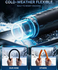 Cold-weather flexible fuel transfer pump hose showing resistance to cracking, designed for winter use in snowy conditions.